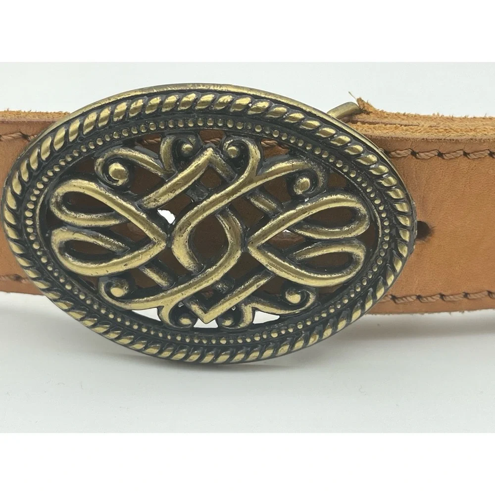 Leather Belt Brass Buckle Western Style Scroll Design Boho Tan